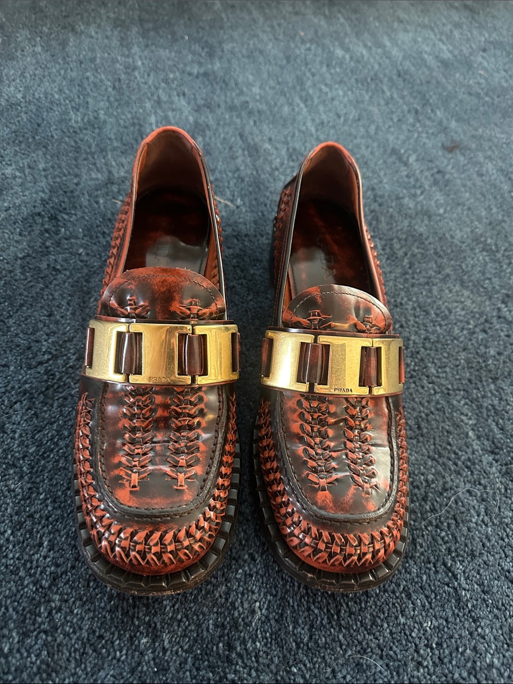 EXCELLENT CONDITION: PRADA Women’s Brown Woven Leather Loafers with Gold Buckle